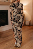 Black Floral Long Sleeve Asymmetric Ruffle Split Hem Mesh Dress