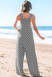 Black Checkered Print Pocketed Wide Leg Jumpsuit