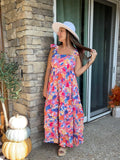 Coral Floral Print Sleeveless Ruffle Tiered Maxi Dress