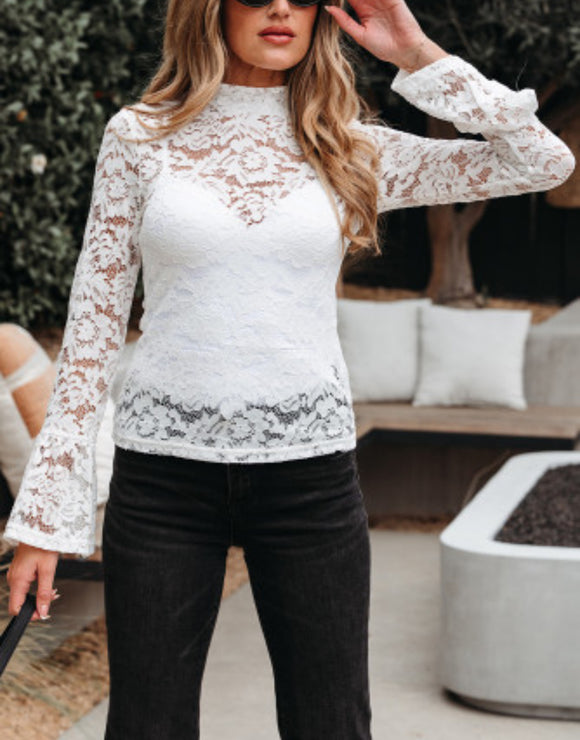 White Lace Crochet Bell Sleeve Mock Neck Blouse
