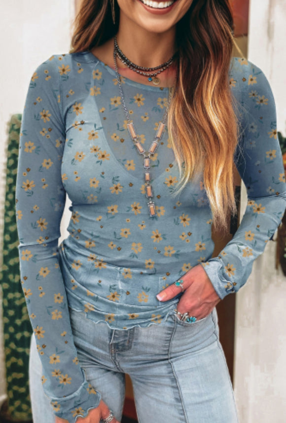 Blue Floral Sheer Top