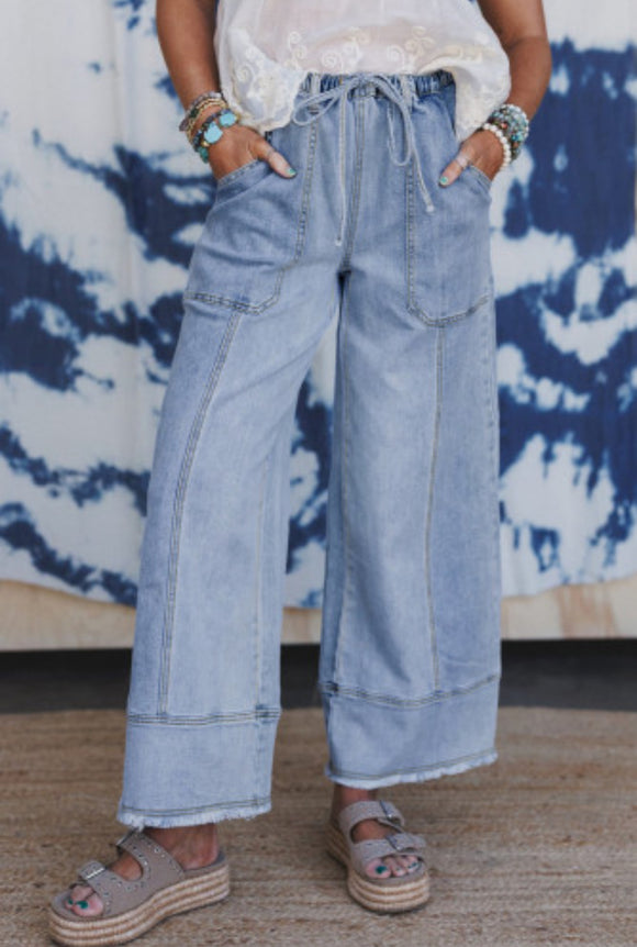 Beau Blue Drawstring Seam Detail Raw Hem Wide Leg Denim Pants