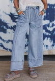 Beau Blue Drawstring Seam Detail Raw Hem Wide Leg Denim Pants