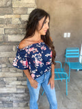 Navy Ruffle Off The Shoulder Blouse