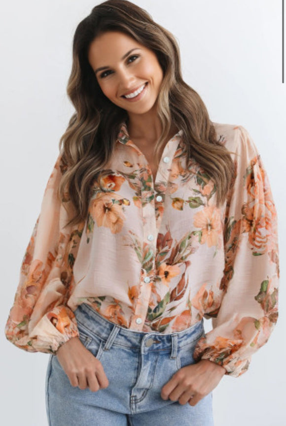 Orange Floral Puff Sleeve Lightweight Shirt
