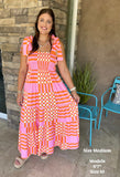 Pink Boho Gingham Tied Straps Smocked Maxi Dress