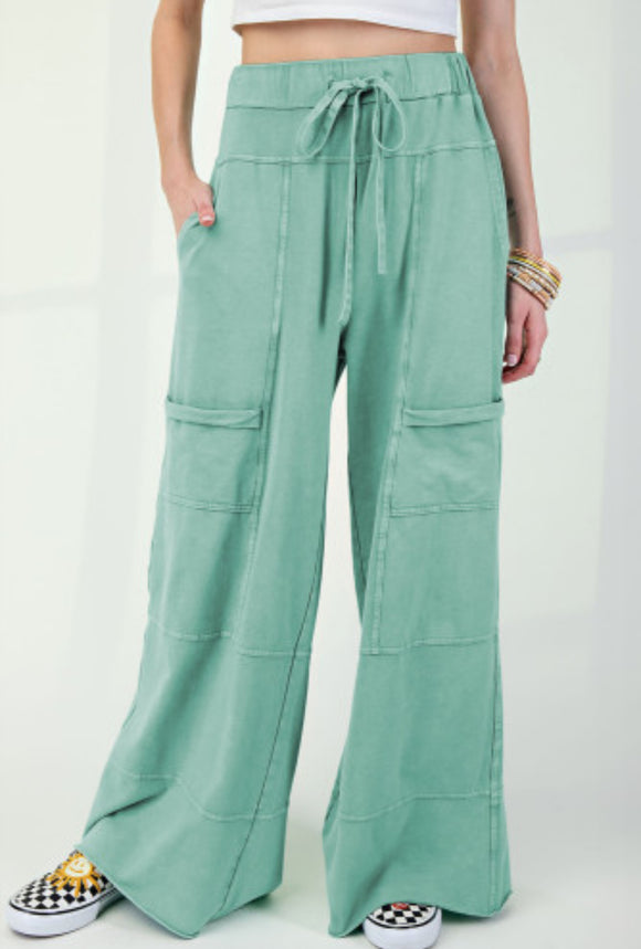 Mint Mineral Wash Exposed Seam Drawstring High Waist Wide Leg Cargo Pants