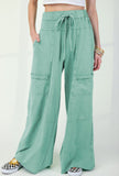 Mint Mineral Wash Exposed Seam Drawstring High Waist Wide Leg Cargo Pants