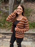 Chestnut Tie Front Striped Knit V Neck Cardigan Sweater