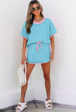 Sky Blue Pink Edge Drop Shoulder T Shirt and Skort Set