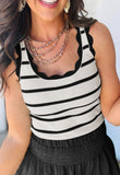 Black Striped Scalloped Edge U Neck Ribbed Tank