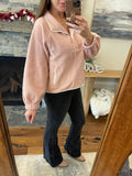 Light Pink Stand Neck Half Button Zip Pocket Plush Sweatshirt