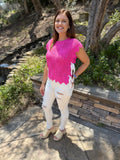 Hot Pink Pointelle Knit Patterned Scalloped Trim Short Sleeve Sweater