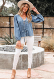 Denim Front Tie Puff Sleeve Top