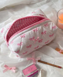 Pink Bow Knot Quilted Zipper Makeup Bag