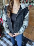 Black Plaid Sleeve Frayed Hem Hooded Denim Jacket
