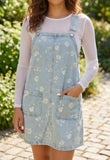 Sky Blue Retro Wash Denim Floral Print Overall Mini Dress