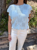 Blue Pointelle Knit Patterned Scalloped Trim Short Sleeve Sweater