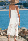 White Tie Spaghetti Straps Floral Lace Overlay Long Dress