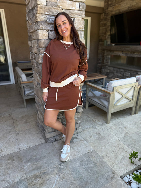Coffee Loose Pullover Skort Set
