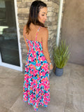 Rose Floral Twisted Smocked Back Tiered Maxi Dress