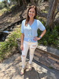 Sky Blue Stripe Short Sleeve Knit V Neck Bow Knot Sweater