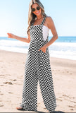 Black Checkered Print Pocketed Wide Leg Jumpsuit