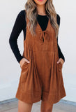 Cinnamon Solid Color Tie V Neck Sleeveless Corduroy Romper