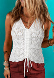 White Hollowed Knit V Neck Drawstring Tank
