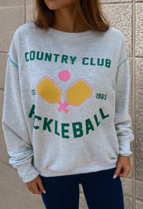 Light Grey COUNTRY CLUB PICKLEBALL Graphic Exposed Stitching Casual Sweatshirt