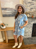 Sky Blue Stars Frayed Hem Collared Short Sleeve Denim Dress