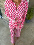 Pink Checkered Buttoned Shirt and High Waist Pants Pajama Set