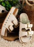 Beige Suede Buckle Platform Sandals