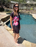 Black Flower Print V Neck Semi Sheer Beach Cover Up Dress