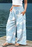 Sky Blue Botanic Print Waistband Wide Leg Pants