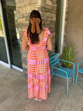 Pink Boho Gingham Tied Straps Smocked Maxi Dress