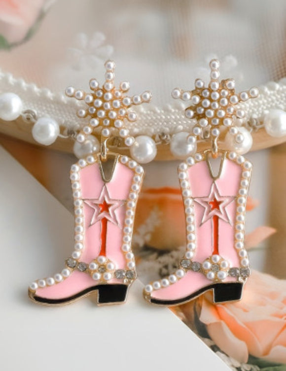 Strawberry Pink Pearl Decor Boots Shape Dangle Stud Earrings