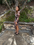 Black Floral Long Sleeve Asymmetric Ruffle Split Hem Mesh Dress