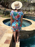 Blue Tropical Print V Neck Semi Sheer Beach Cover Up Dress