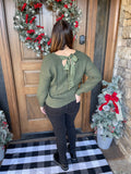 Olive V Neck Back Tie Sweater