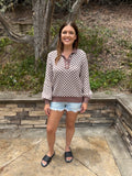 Brown Checkered Half Button Knit Sweater
