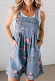 Floral Print Denim Shorts Overalls
