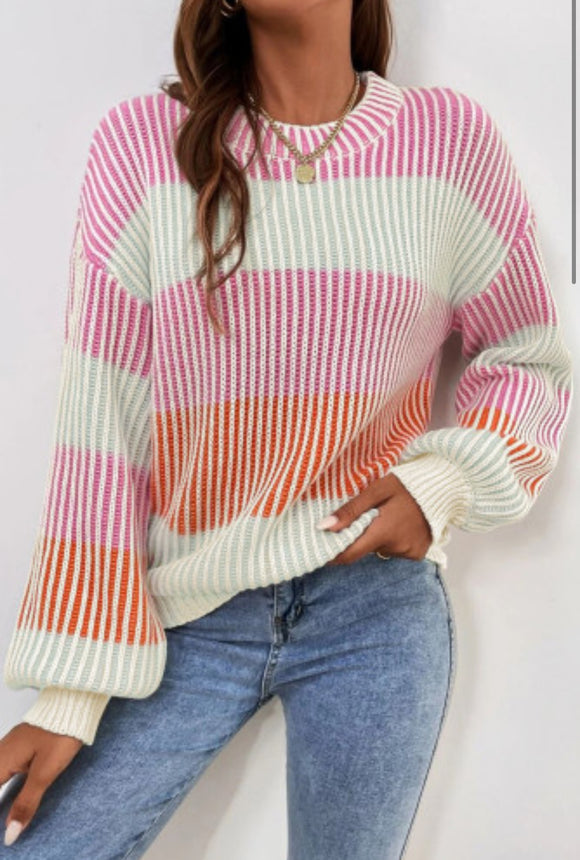 Pink Colorblock Textured Knit Bubble Sleeve Sweater