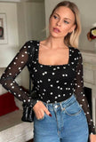 Black Heart Shape Mesh Patchwork Square Neck Bodysuit