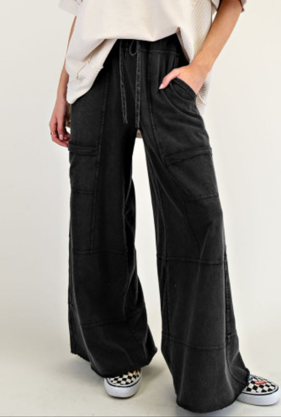 Black Mineral Wash Exposed Seam Drawstring High Waist Wide Leg Cargo Pants