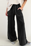 Black Mineral Wash Exposed Seam Drawstring High Waist Wide Leg Cargo Pants