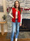 Fiery Red Solid Textured Knit Side Pockets Buttoned Sweater Vest