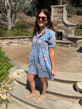 Denim Floral Print Short Sleeve Button Down Dress