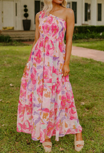 Pink Abstract Floral Print One Shoulder Maxi Dress