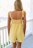 Yellow Stripe Shoulder Tie Smocked Back Wide Leg Casual Romper